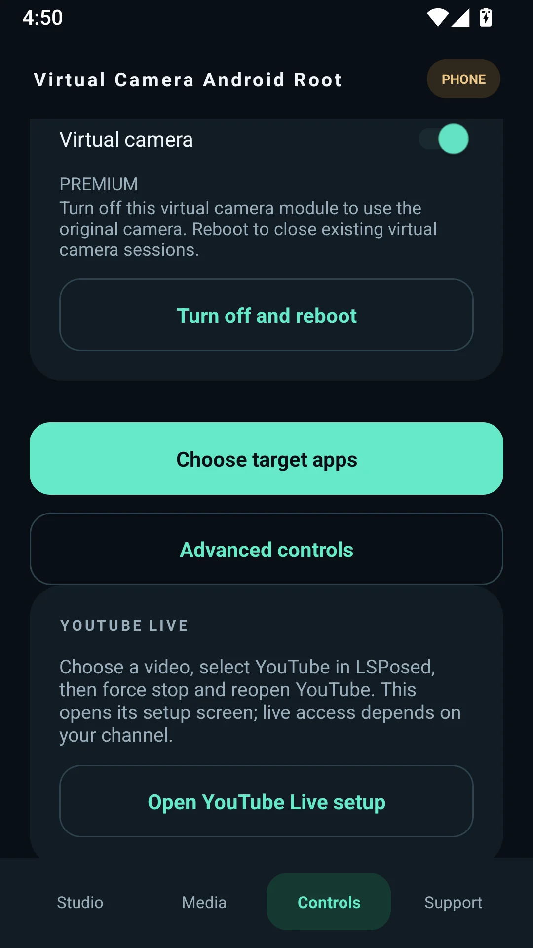 Choose target Android app and advanced virtual camera controls