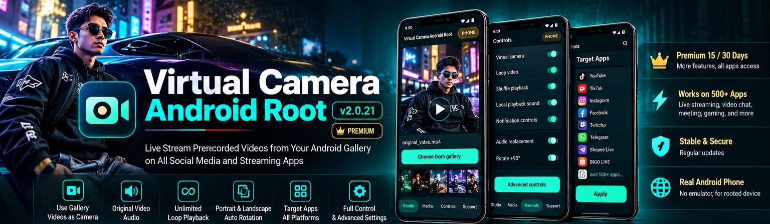 Virtual Camera Android Root app promotion featuring Android phones, virtual camera controls and 500 plus tested apps
