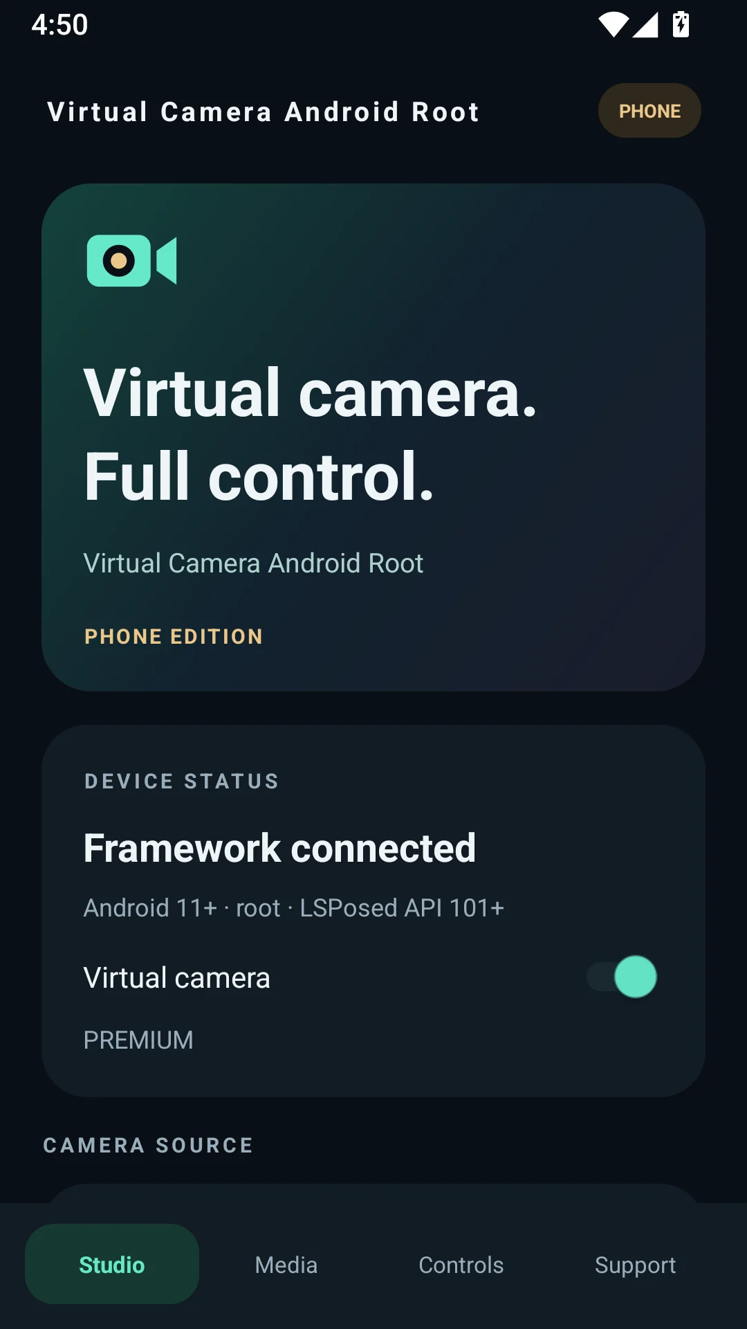 Virtual Camera Android Root app Studio dashboard connected to LSPosed